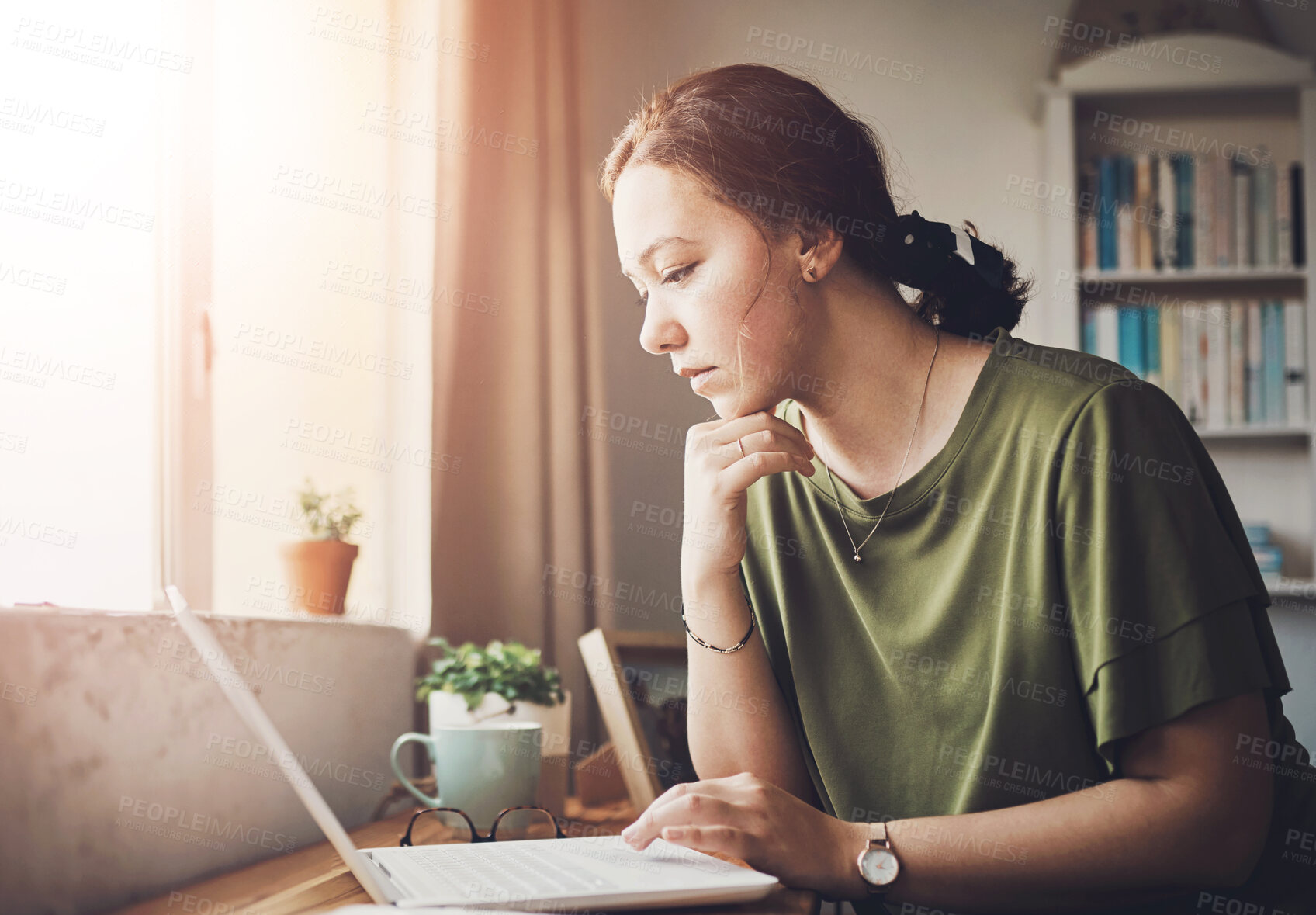 Buy stock photo Woman, laptop and thinking on novel in home office, author and contemplating plot or theme. Female person, book ideas and professional writer online for research, editing fiction and story update