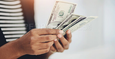 Buy stock photo Hands, money and invest with dollars for payment, political campaign donation or bribe for rigged election. Party funding, fundraising and financial freedom, person with cash for fraud or corruption