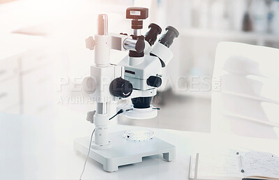 Buy stock photo Lab, science and microscope for analysis on table for medical research or pharmaceutical investigation. Microbiology, scientific instrument and notebook for sample study, data analytics or healthcare