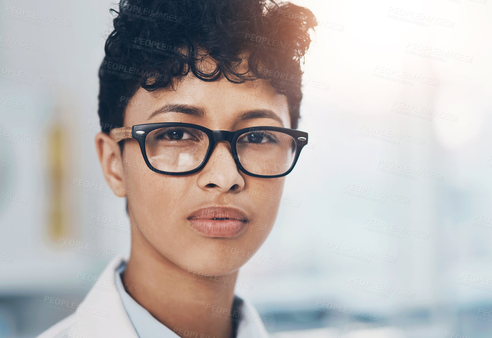 Buy stock photo Portrait, woman and confident as scientist for vaccines development and investigation in Mexico. Female person, medical profession and serious or satisfied with cure, innovation and research