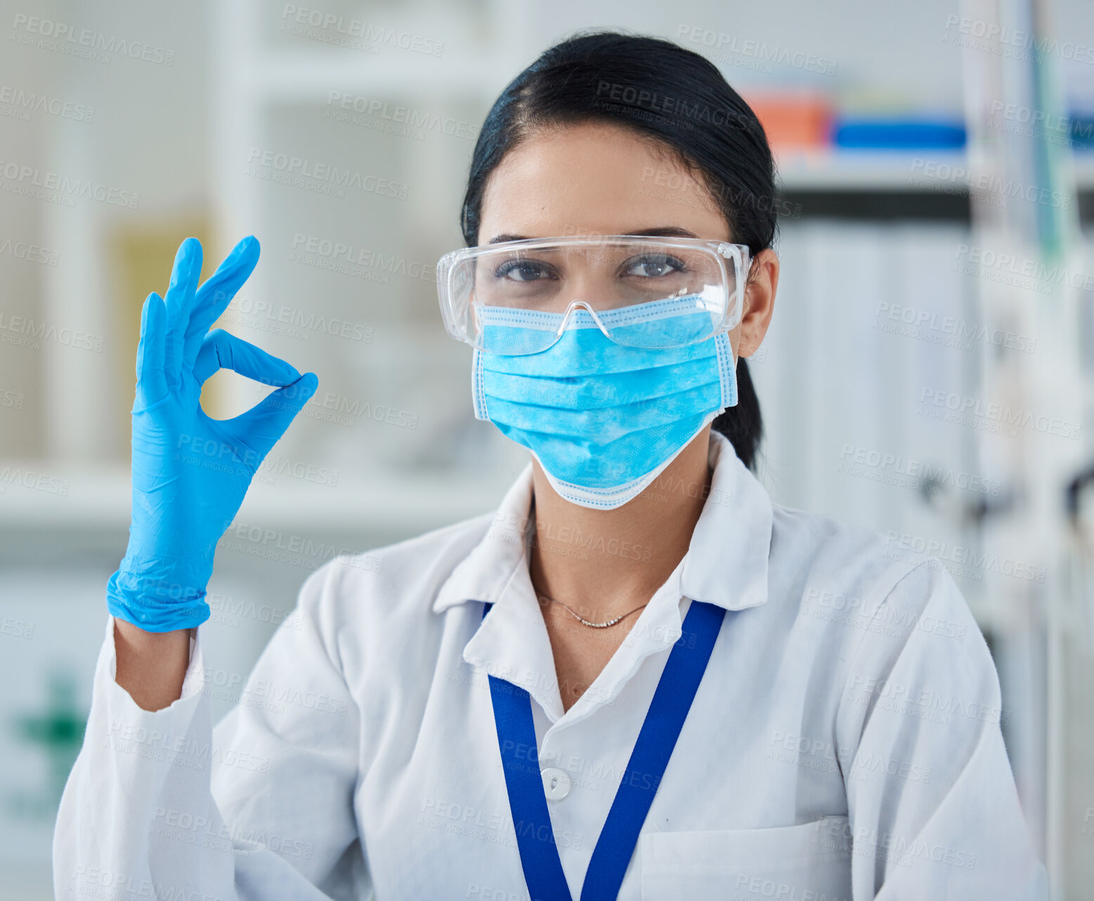 Buy stock photo Woman, scientist and ok sign at laboratory with mask for vaccination or cure approval. Female person, portrait and medical professional with perfect hand gesture for healthcare or treatment research