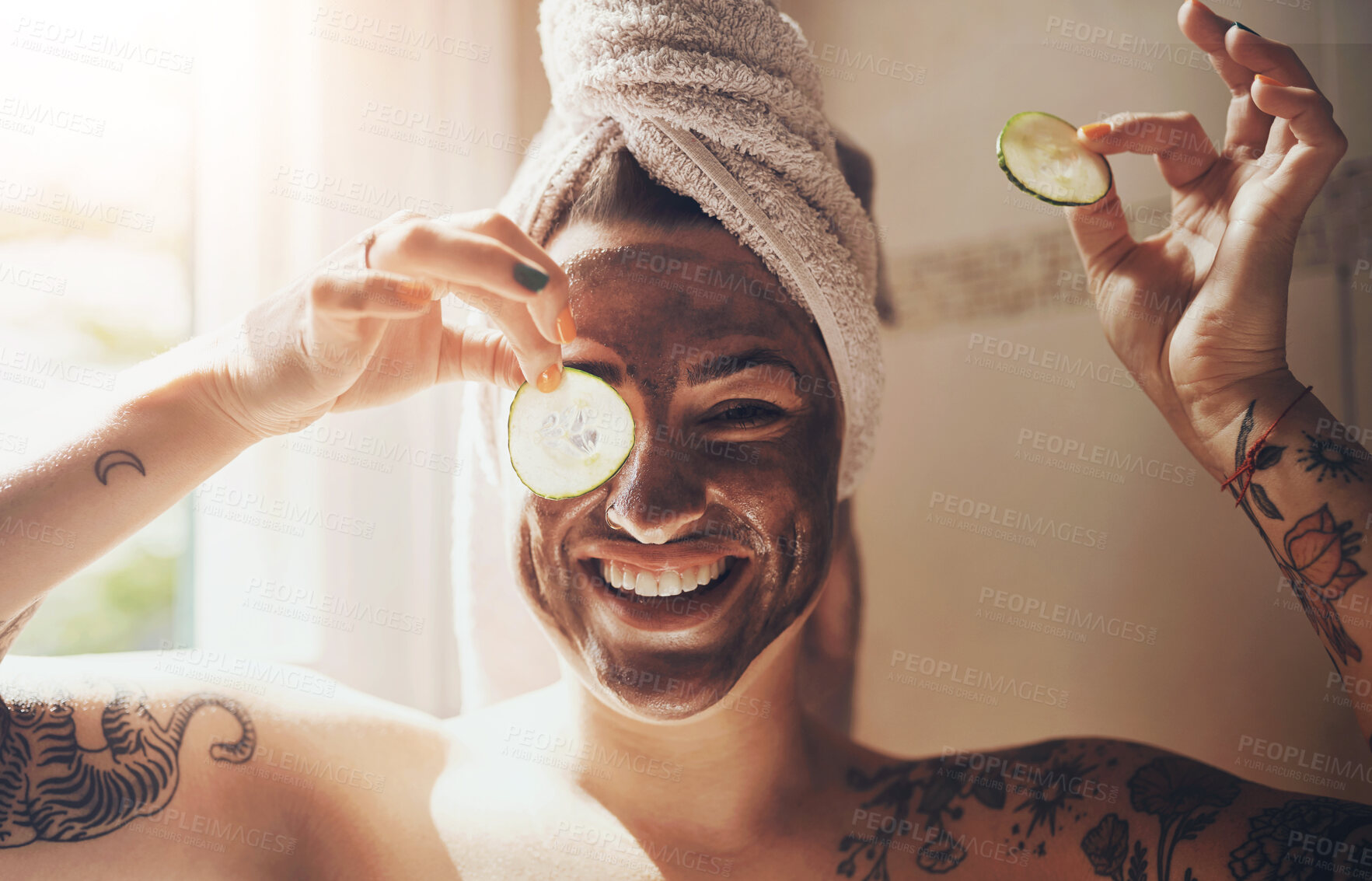 Buy stock photo Cucumber, mask and portrait of woman in bathroom with natural skincare, tattoo and smile for morning care. Cosmetics, dermatology and happy face of fun girl with organic clay facial on skin in home