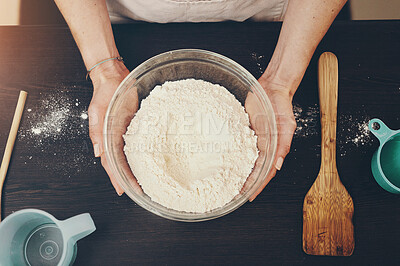 Buy stock photo Woman, hands and bowl of flour for baking above with ingredients or recipe on kitchen counter at home. Top view of female person or baker hand holding mixture or batter for delicious pastry in house