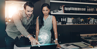 Buy stock photo Collaboration, hologram and laptop with business people in office together for global communication. Overlay, pointing and user interface with employee team in workplace for worldwide networking