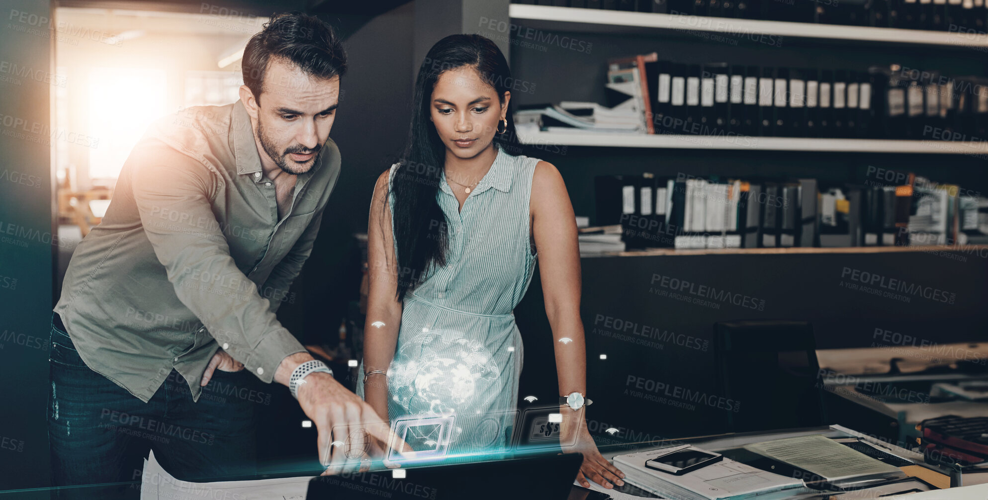 Buy stock photo Laptop, people with construction paper of plan on desk and architecture in modern office. Engineering, teamwork or collaboration at work and coworkers planning or development with blueprint.