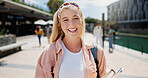 Woman, portrait and outdoor happiness on campus, books for education or learning at University. Female student, smile and notes for knowledge at college, academy scholarship for school in Canada