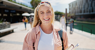Buy stock photo Woman, portrait and outdoor happiness on campus, books for education or learning at University. Female student, smile and notes for knowledge at college, academy scholarship for school in Canada