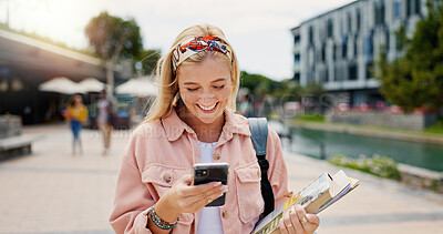 Buy stock photo College, laughing and phone with student woman on campus of university for education or learning. Books, funny and social media with happy person outdoor at school for growth, scholarship or study