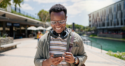 Buy stock photo Outdoor, student and black man with cellphone, smile and reading of message, notification and results for exam. Campus, mobile and person with scholarship in college, happy and pass of test in USA