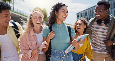 Buy stock photo Happy, university and laughing with friends and class diversity on college campus with smile. School, education and students with funny joke and backpack outdoor at learning academy with people