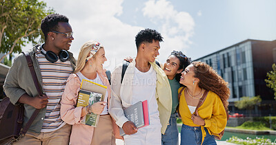 Buy stock photo Walking, students and friends with diversity, funny and joke with happiness, share results and bonding together. People, outdoor and group with break, smile and cheerful with joy, humor and playful