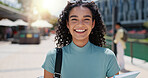 Female student, portrait and outdoor smile on campus, books for education or learning at University. Woman, happiness and notes for knowledge at college, academy scholarship for school in Canada