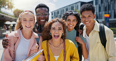 Buy stock photo Happy, university and portrait with friends and class diversity on college campus with smile. School, education and students with support and backpack outdoor at learning academy with solidarity
