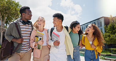Buy stock photo Happy, university and talking with friends and class diversity on college campus with smile. School, education and students with funny joke and backpack outdoor at learning academy with solidarity