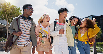 Buy stock photo Happy, university and funny joke with friends and class diversity on college campus with smile. School, education and students with comedy and backpack outdoor at learning academy with people