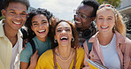 Happy, university and laugh portrait with friends and class diversity on college campus with smile. School, education and students with support and backpack outdoor at learning academy with people