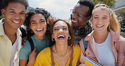 Buy stock photo Happy, university and laugh portrait with friends and class diversity on college, campus with smile. School, education and students with support and backpack outdoor or learning, academy with people