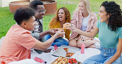 Buy stock photo Students, pizza and park with happy friends, diversity and picnic with smile in summer on campus. University, food and group with bonding and drink on lawn of academy and college with Gen Z people
