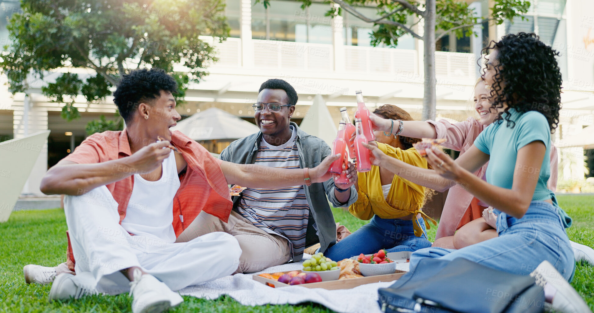 Buy stock photo Students, cheers and park with friends, diversity and picnic with smile in summer on campus. University, toast and group with bonding and drink on lawn of academy and college friends of Gen Z people