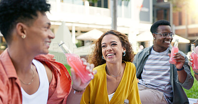Buy stock photo Happy, group and friends on picnic outdoor for reunion bonding, beverage and connection together to celebrate holiday. Smile, woman and students laugh for joke, cocktail and diversity care at party