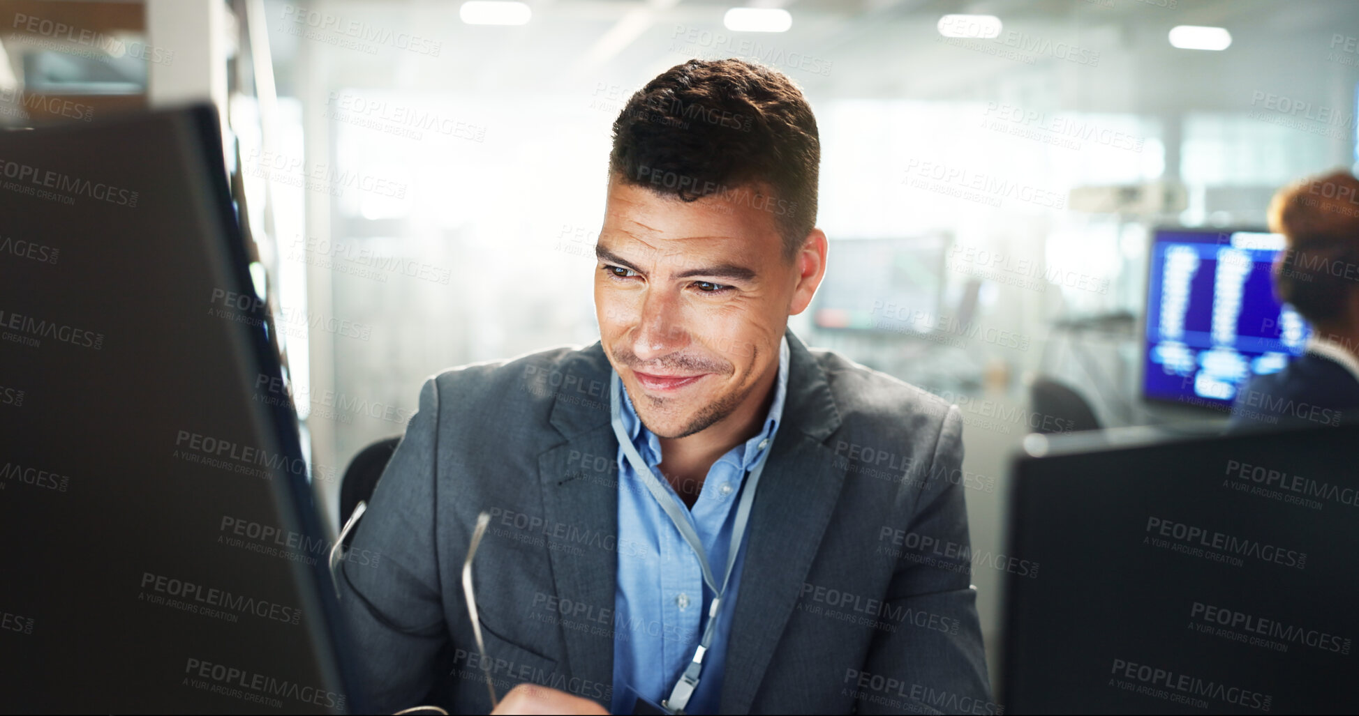 Buy stock photo Man, computer and night in office with reading, thinking and smile for results in trading, stats or info. Person, employee and pc in dark workplace with profit, balance or revenue at finance company