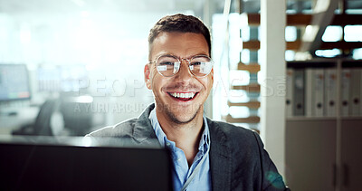 Buy stock photo Man, broker and happy portrait in office, smiling and company pride for online stock market job in workplace. Career, professional employee and trading for investment, corporate and financial worker
