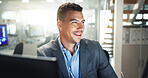 Man, broker and happy thinking in office, smiling and idea for online stock market or growth in workplace. Career, professional employee and trading for investment, corporate and financial worker