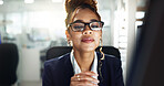 Woman, working and thinking for finance in office, planning and corporate growth with professional advisor for investment. Accountant, accounting project and workplace vision, audit and budget review