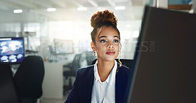 Buy stock photo Woman, working and corporate with computer in office, financial advisor and stock broker for investment growth. Online, email and website review with connection, fintech project and internet trading