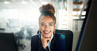 Buy stock photo African woman, portrait and happiness in office at night, working for online newspaper on digital story. Journalist, smile and media company with press coverage, reporter or writer with job pride