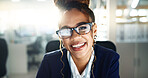 African woman, portrait and glasses for working at night, office with online newspaper or digital story. Journalist, smile and media company with press coverage, reporter or writer with job pride