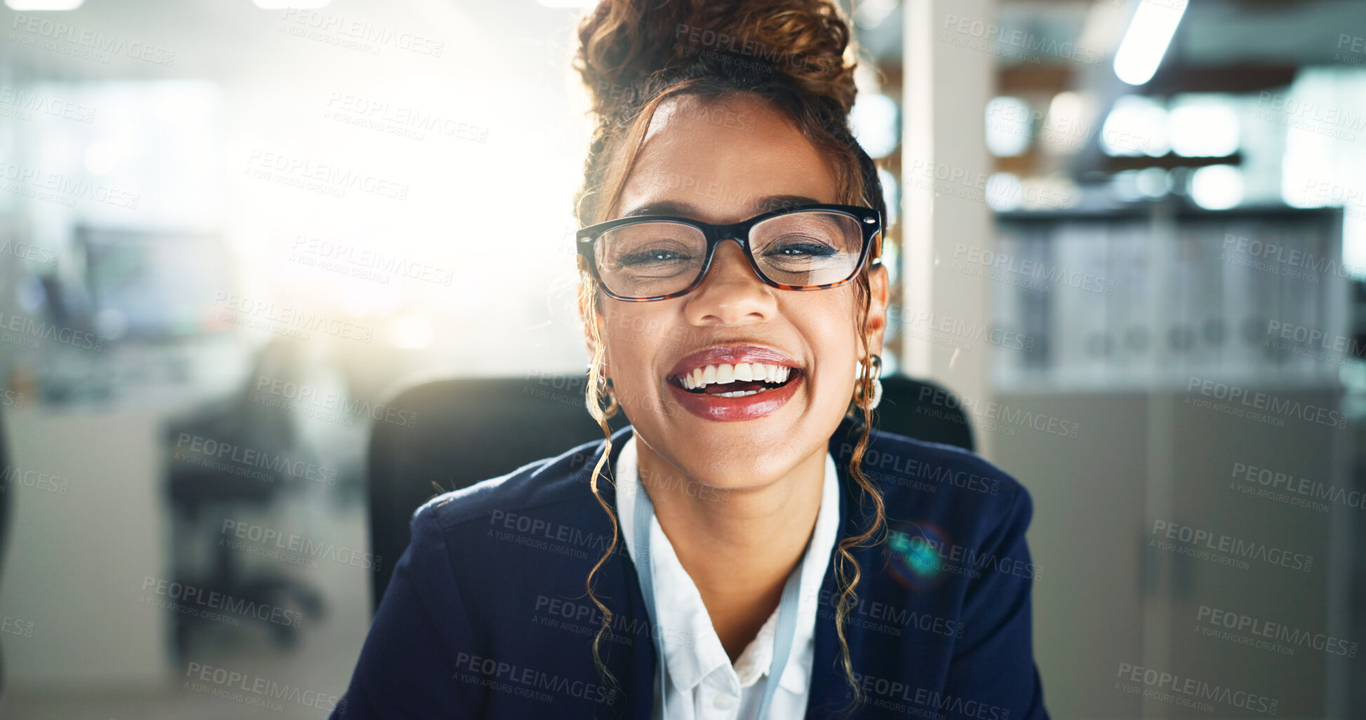 Buy stock photo Journalist, portrait and glasses for working at night, office with online newspaper or digital story. African woman, smile and media company with press coverage, reporter or writer with job pride