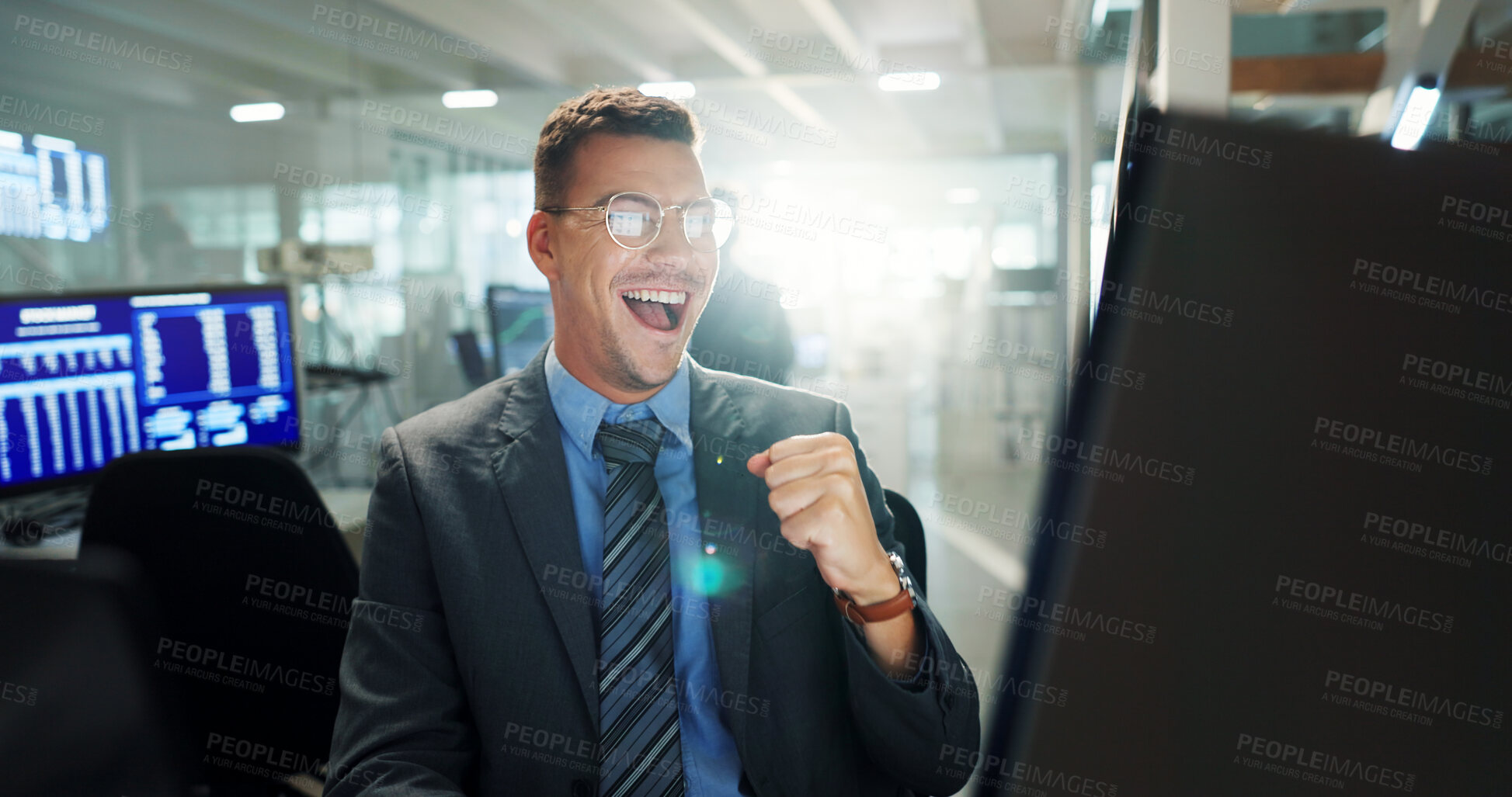 Buy stock photo Man, computer and night in office with celebration, reading or excited for results, trading or stats on stock market. Person, cheers and fist by pc for profit, success or revenue at finance company