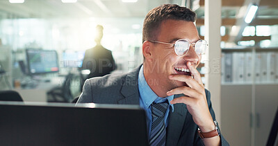 Buy stock photo Excited, business and man on computer in office for positive feedback report on project proposal as market research agent. Happy, male person and digital pc reading email, good news and progress goal