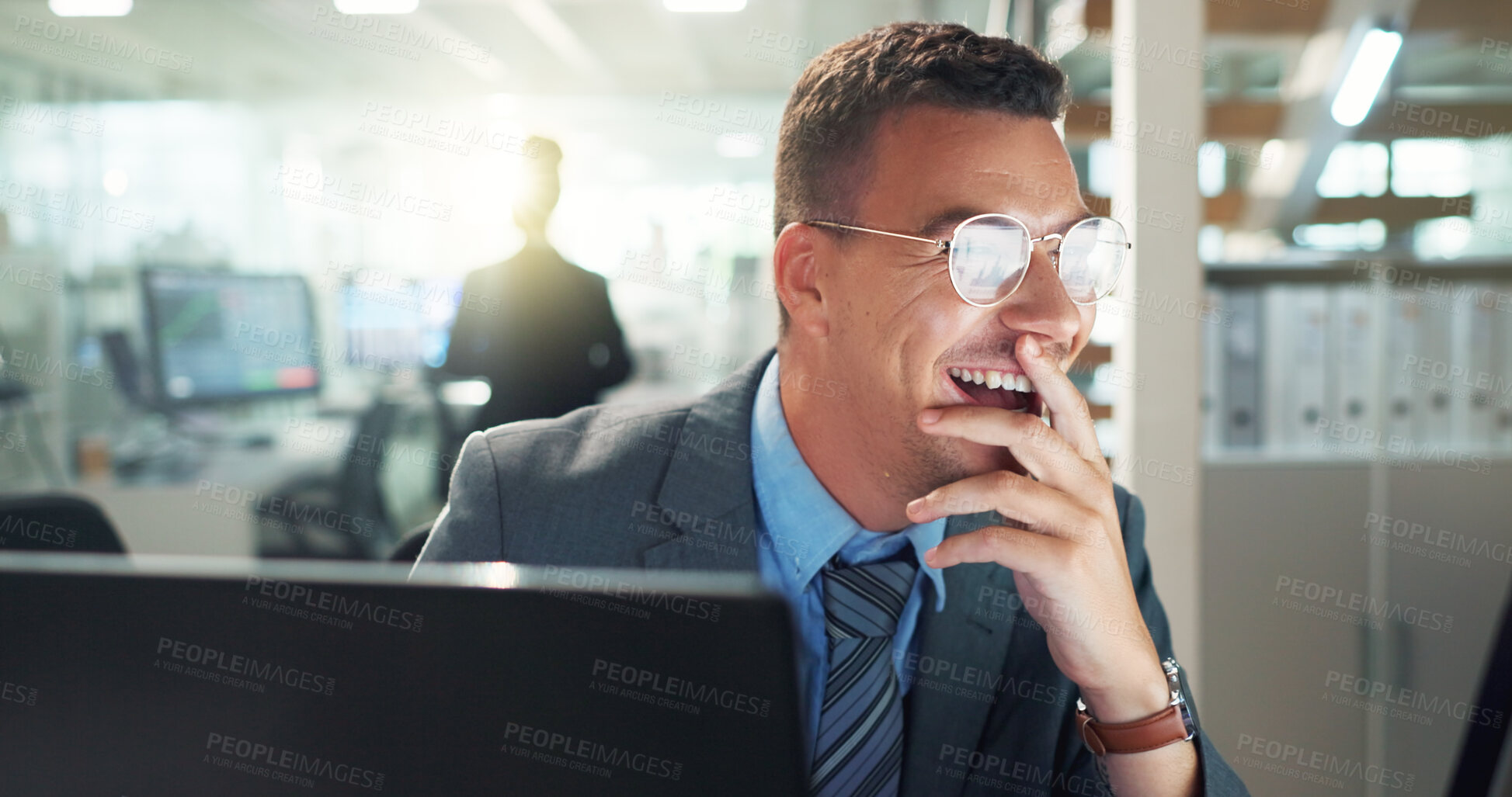 Buy stock photo Excited, business and man on computer in office for positive feedback report on project proposal as market research agent. Happy, male person and digital pc reading email, good news and progress goal