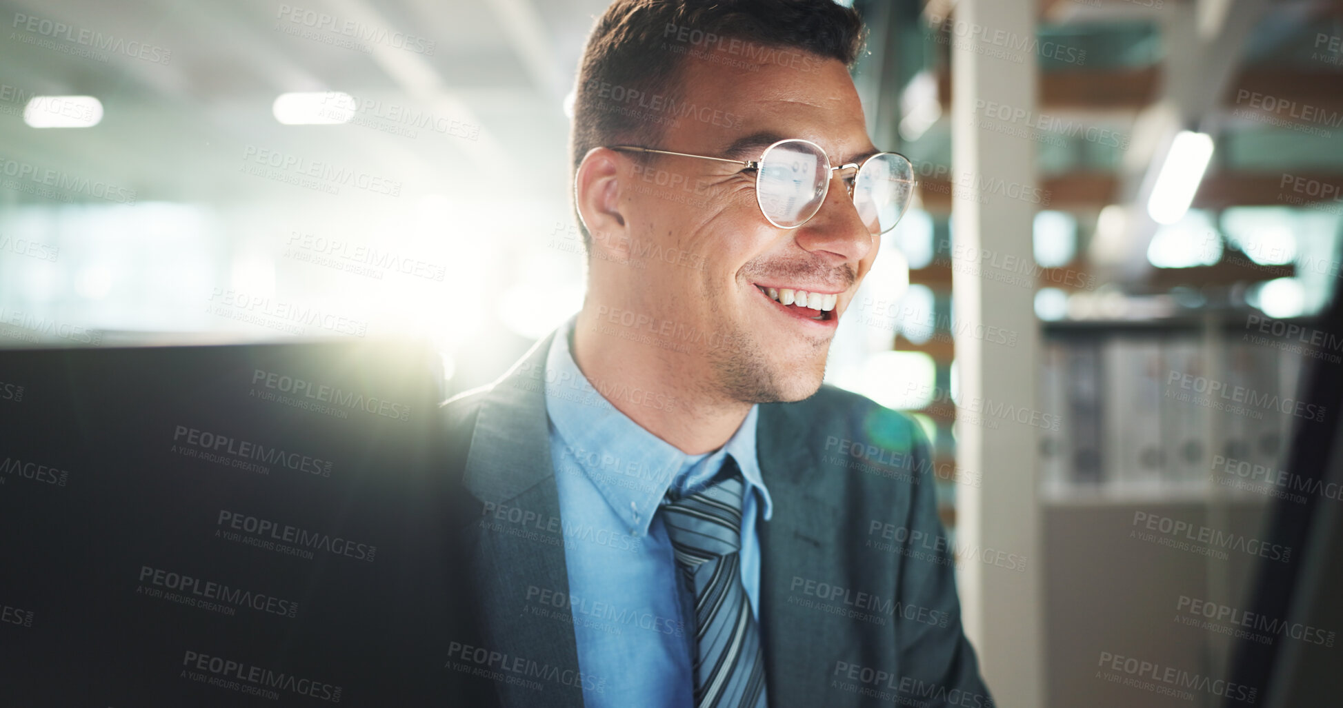 Buy stock photo Smile, business and man on computer in office for positive feedback report on project proposal as market research agent. Excited, male person and digital pc reading email, good news and progress 