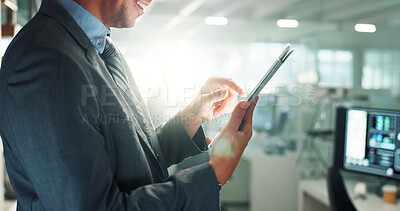 Buy stock photo Hands, tablet and corporate man in office for connection, information or research with flare. App, social media and technology with business person in professional workplace for email communication