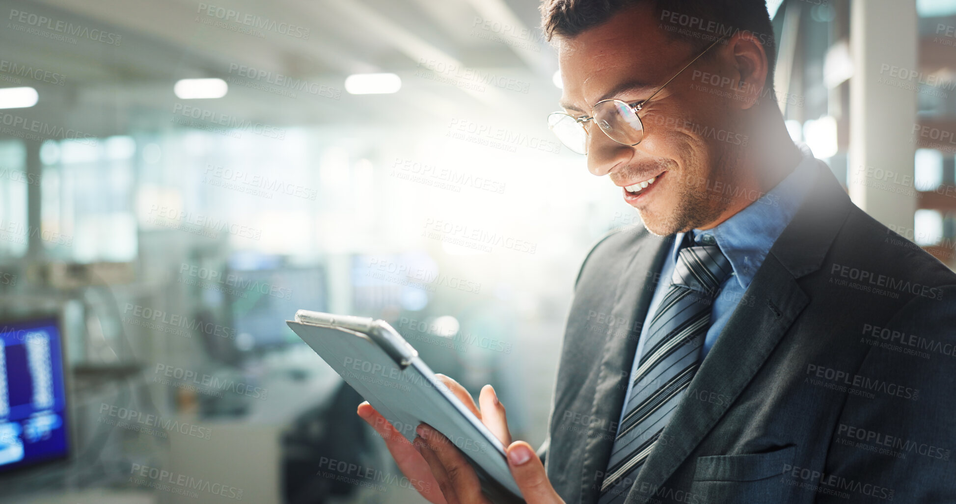 Buy stock photo Hands, tablet and smile with business man in office for connection, information or research. App, social media or technology and employee man in corporate workplace for email communication with flare