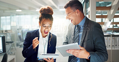 Buy stock photo Tablet, team and business people in celebration for success, promotion or goal achievement in office. Technology, winning and excited professional fist pump for good news, bonus or victory together