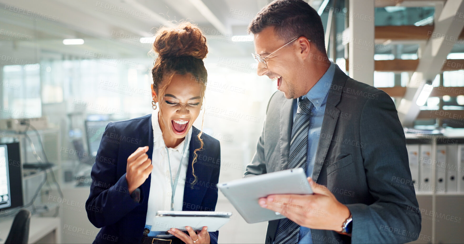 Buy stock photo Tablet, team and business people in celebration for success, promotion or goal achievement in office. Technology, winning and excited professional fist pump for good news, bonus or victory together