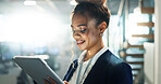 Smile, tablet and business woman in office for connection, information or research with flare. App, social media and technology with happy employee in corporate workplace for email communication