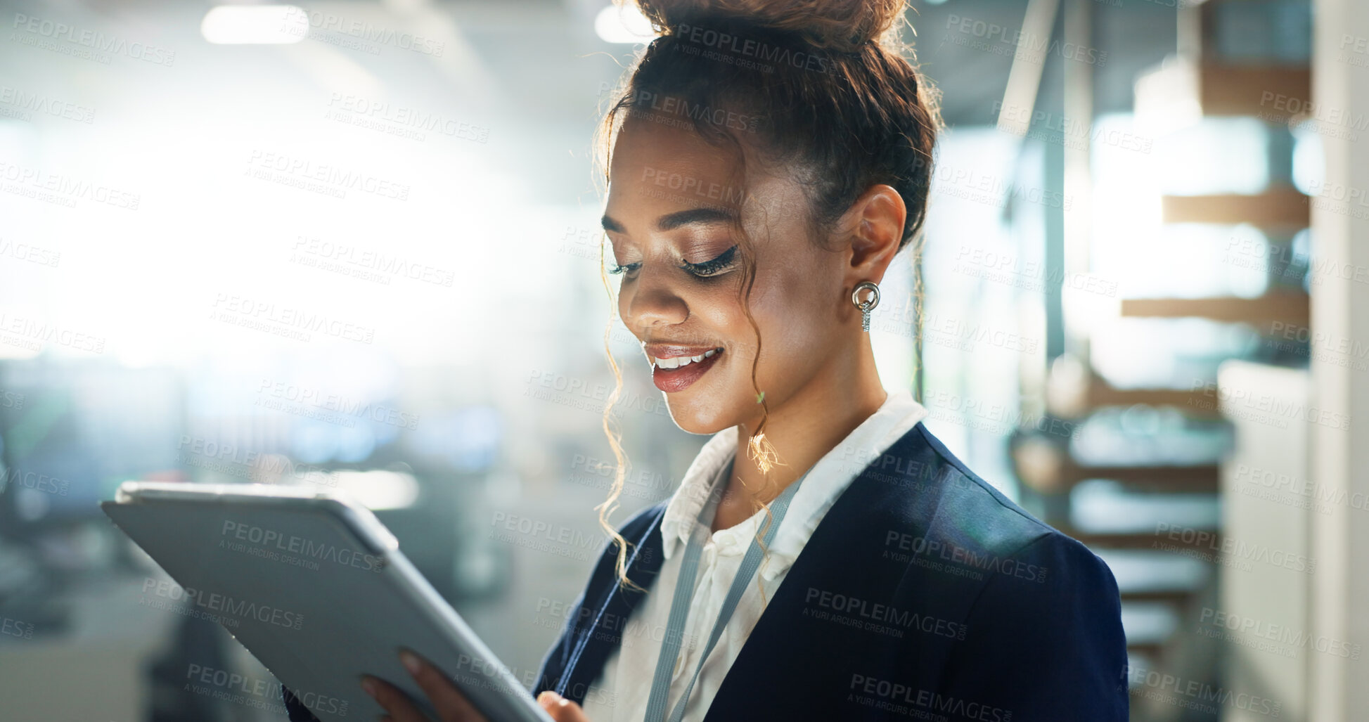 Buy stock photo Smile, tablet and business woman in office for connection, information or research with flare. App, social media and technology with happy employee in corporate workplace for email communication