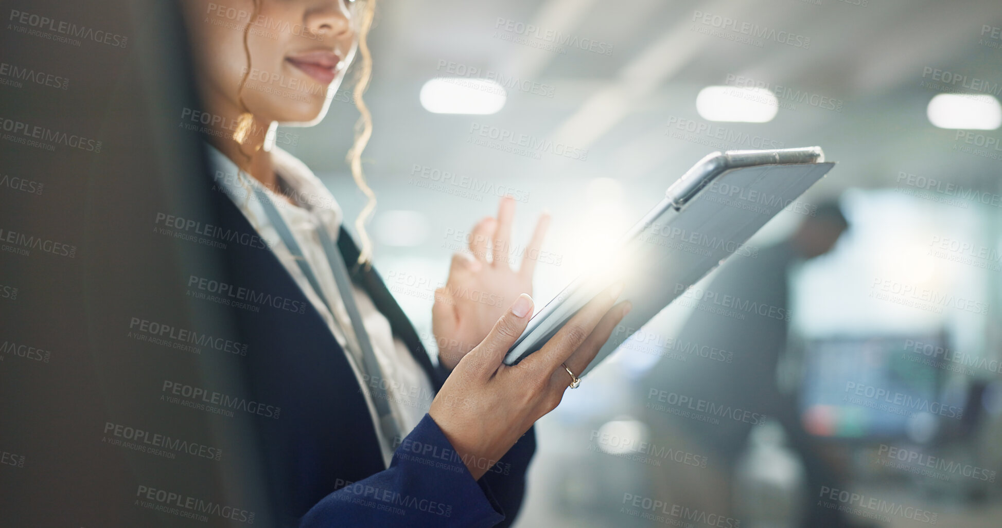 Buy stock photo Hands, tablet and business woman at work for connection, information or research with flare. App, social media and technology with professional employee in corporate office for email communication