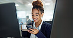 Computer, phone and smile with business woman at desk in office for communication or networking. Administration, app and social media with happy employee in corporate workplace for online research