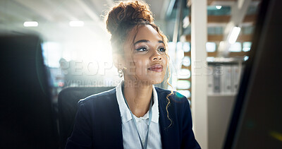 Buy stock photo Reading, research and business woman on computer for online project, proposal and career. Corporate worker, consultant and person on pc monitor for internet, website search and planning in office