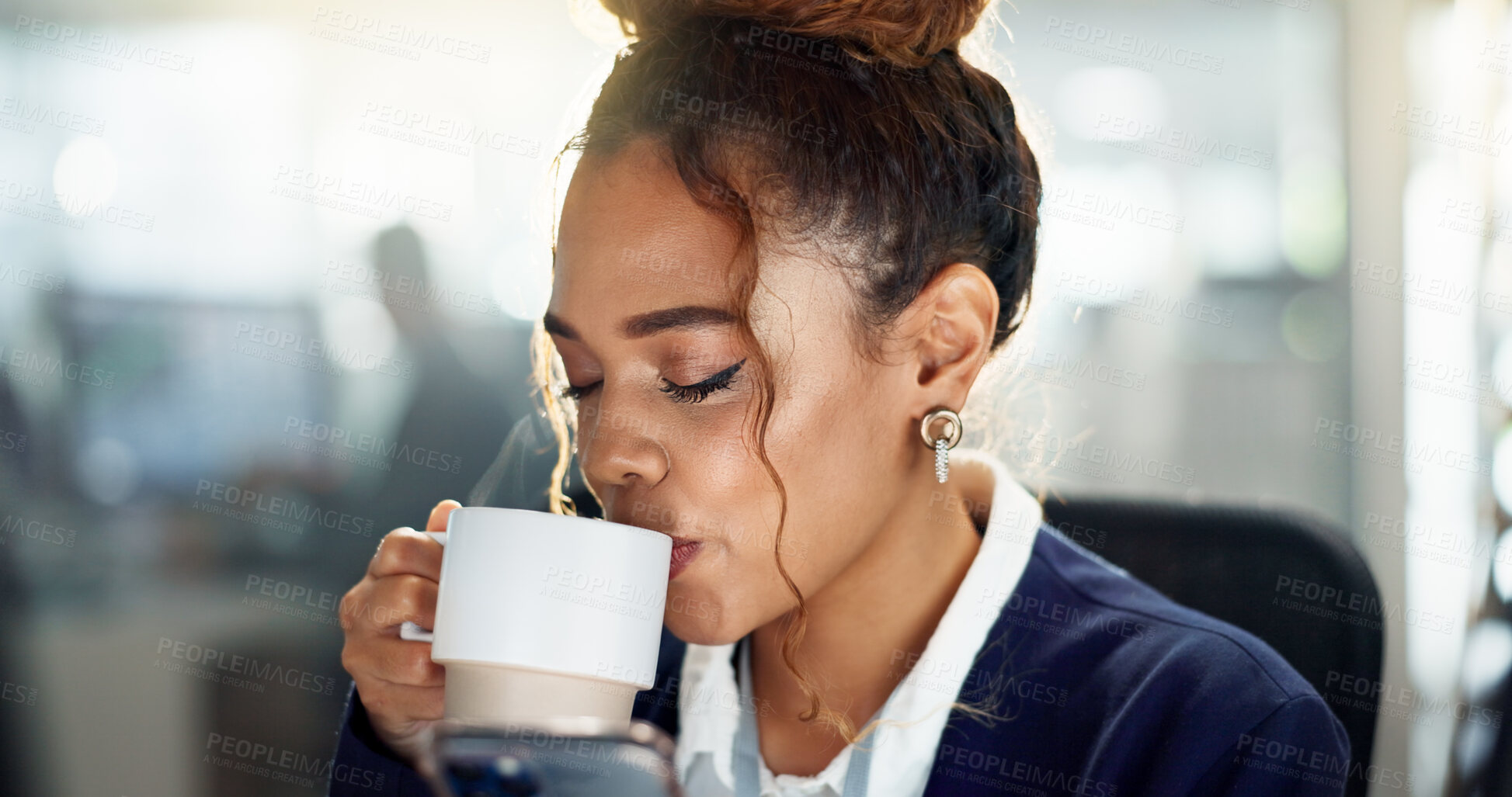 Buy stock photo Business woman, drinking coffee for relax in office, latte for wellness break with public relations. Female consultant, tea or working with phone for social media management, multitasking with mobile