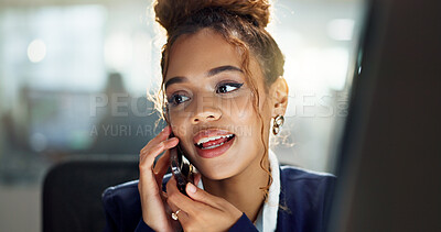 Buy stock photo Phone call, employee and talking of woman in night, communication and working late for administration. Dark, professional and legal secretary with cellphone, schedule or chat for research of law firm