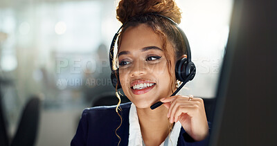 Buy stock photo Call center, contact us and business woman or computer in office for crm, sales and customer support. Telecom, inbound marketing and lead generation consultant with virtual, headset or insurance faq