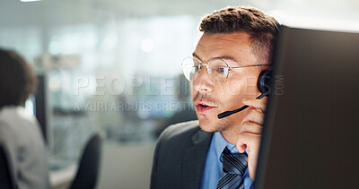 Buy stock photo Call center, questions and businessman with computer in office consulting or crm, sales and customer support. Telecom, about us and lead generation consultant with virtual, help or insurance faq