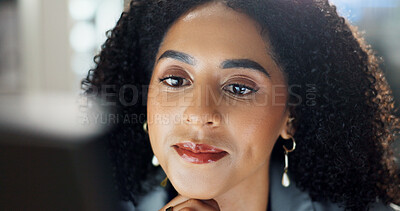 Buy stock photo Reading, website and business woman on computer for online project, proposal and research. Corporate, professional consultant and person on pc monitor for internet news, search and email networking